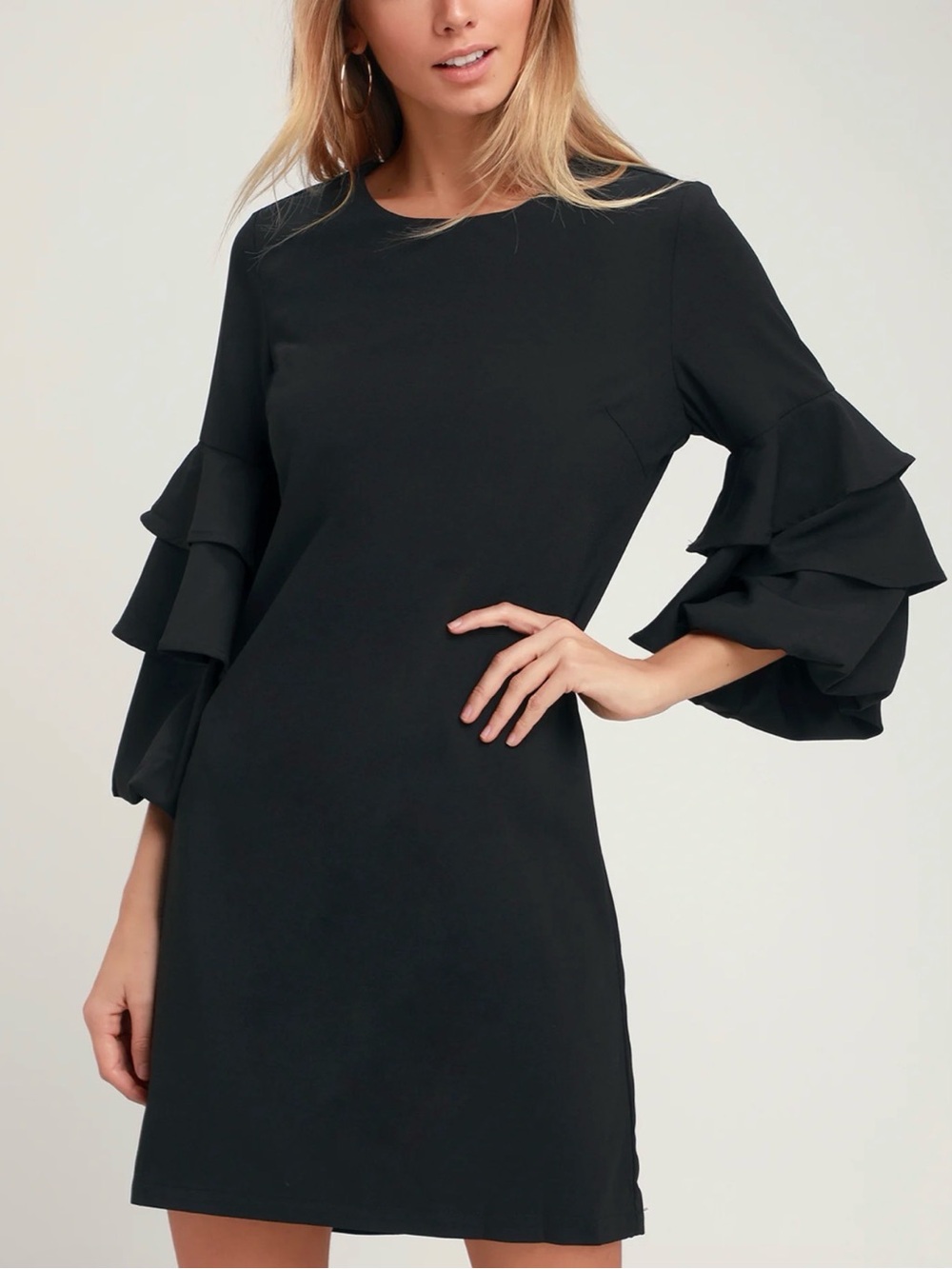 Gilli Black Ruffle-Sleeve Scoop Neck Shift Dress Keyhole Back Size Medium